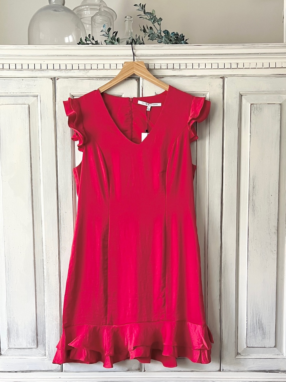 🟠COLLECTIVE CONCEPTS Ruffle Sleeve and Hem Mini/Midi Dress in Lipstick Red LARGE